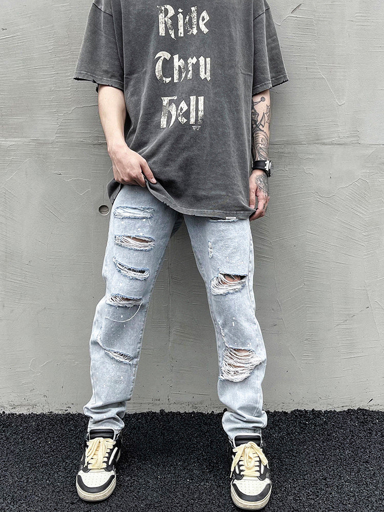 Distressed Slim-fit Jeans With Ripped Holes And Knife Cut With Splash Ink - Jeans Junction Online