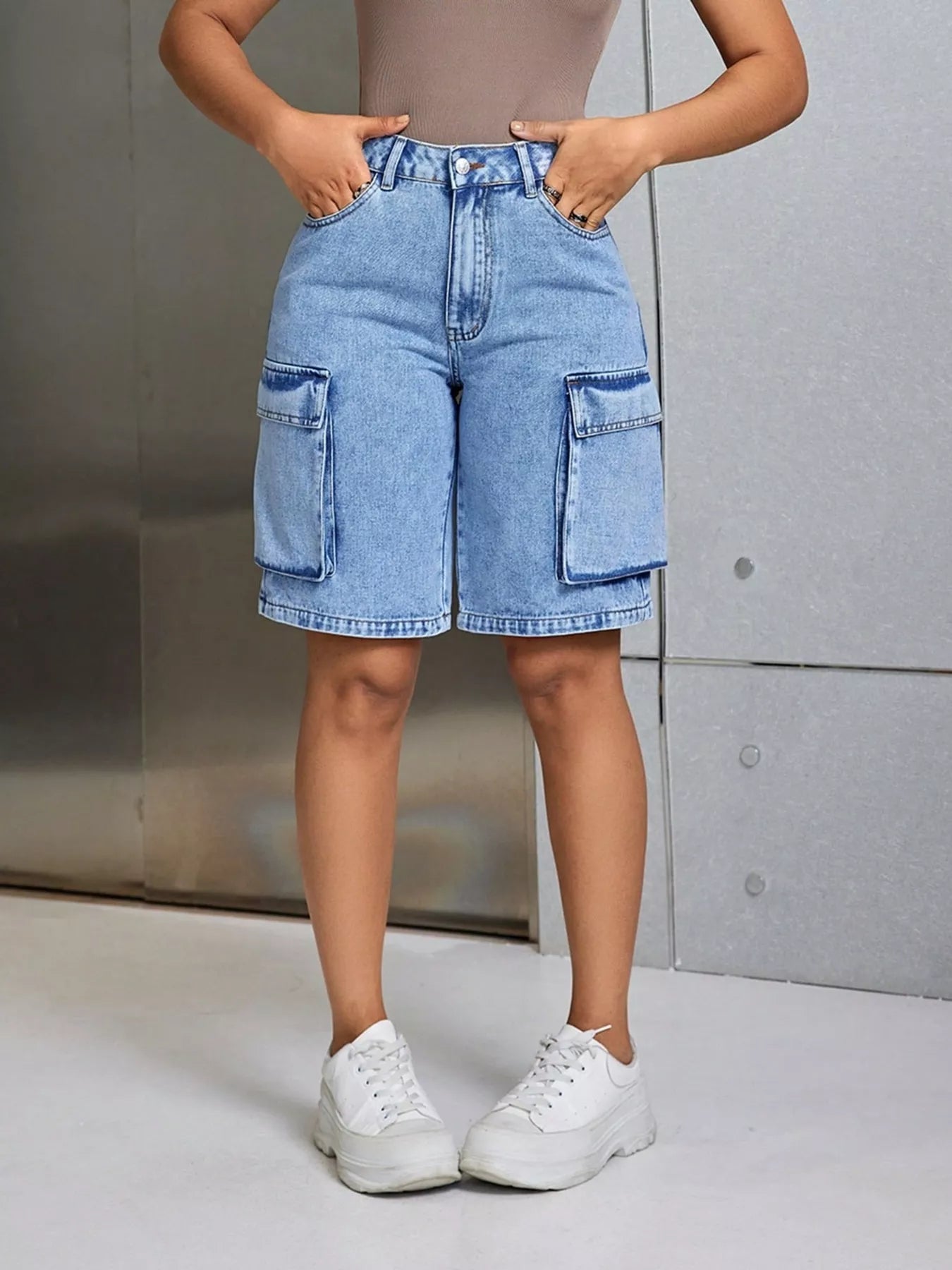 High-Waisted Cargo Denim Shorts - Jeans Junction Online
