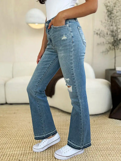 Judy Blue Full Size Mid Rise Destroyed Hem Distressed Jeans - Jeans Junction Online