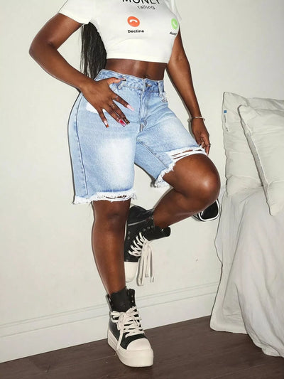 Distressed High Waist Frayed Hem Denim Shorts - Jeans Junction Online