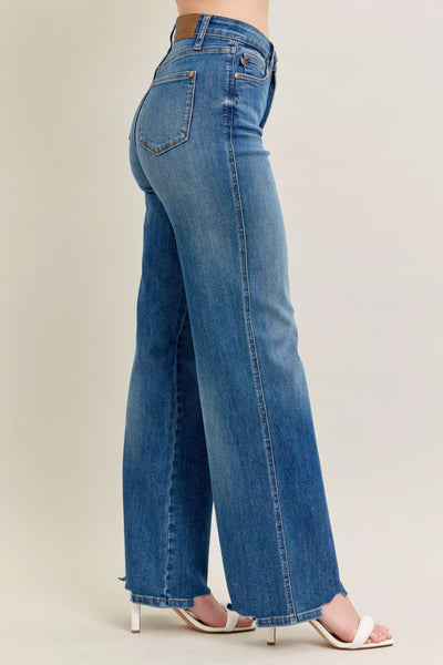 Judy Blue Full Size High Waist Tummy Control Chew Hem Destroy Wide Jeans Plus Size - Jeans Junction Online