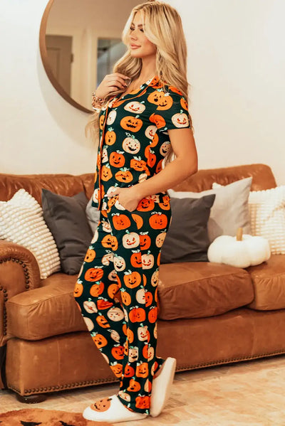 Pumpkin Printed Short Sleeve Top and Pants Lounge Set - Jeans Junction Online