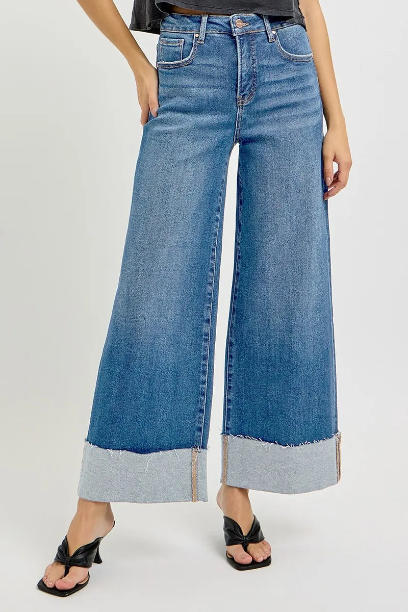 RISEN Full Size Tummy Control High Rise Crop Wide Cuffed Jeans Plus Size - Jeans Junction Online