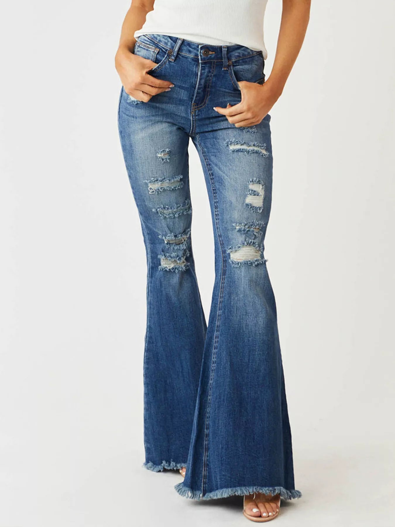 Distressed Raw Hem High-Waisted Flare Jeans - Jeans Junction Online