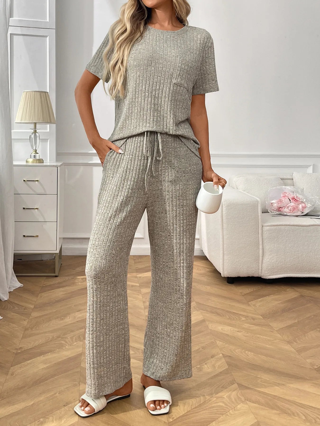 Ribbed Knit Short Sleeve Top and Pants Lounge Set - Jeans Junction Online