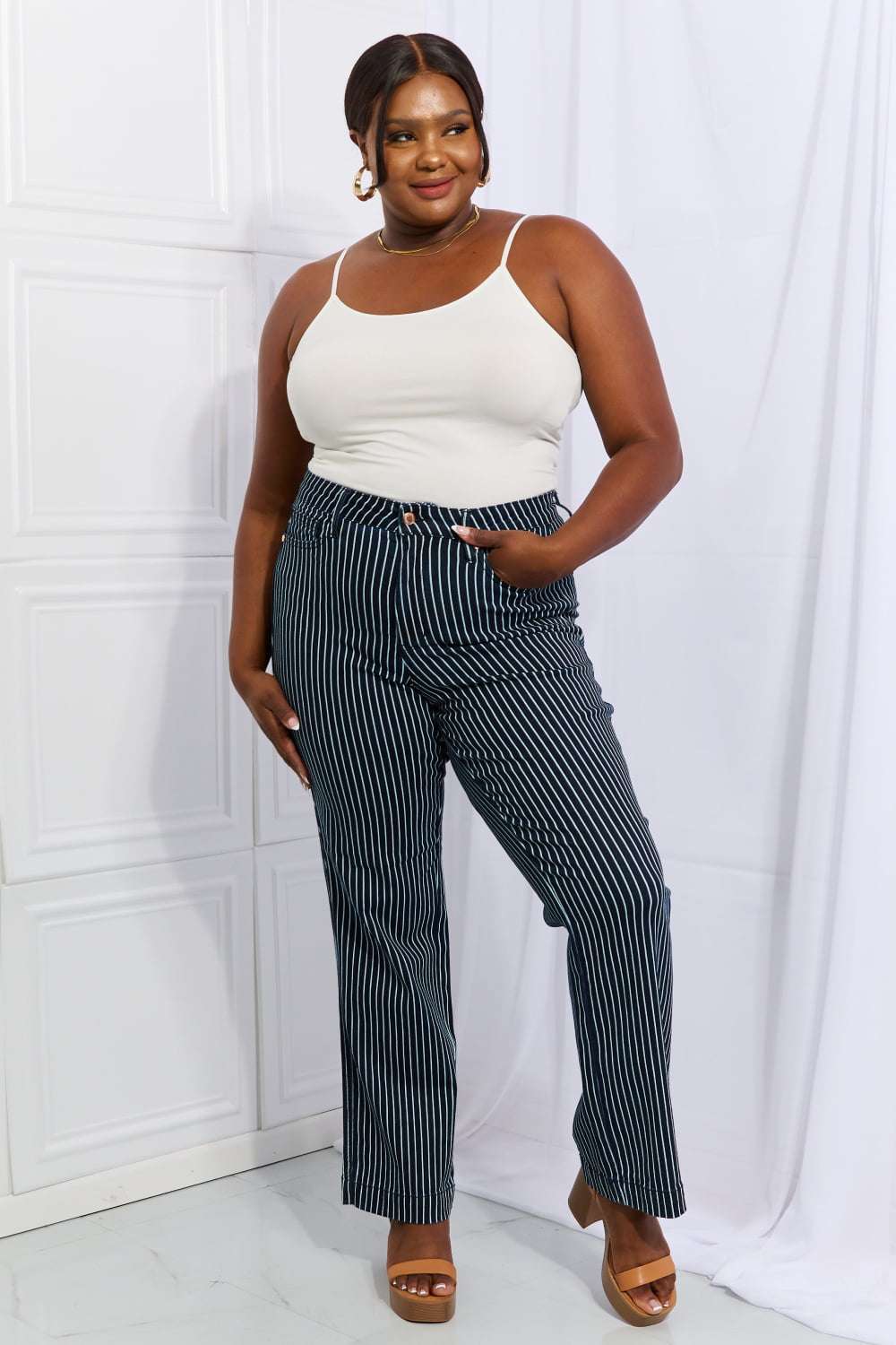 Judy Blue Cassidy Full Size High Waisted Tummy Control Striped Straight Jeans - Jeans Junction Online