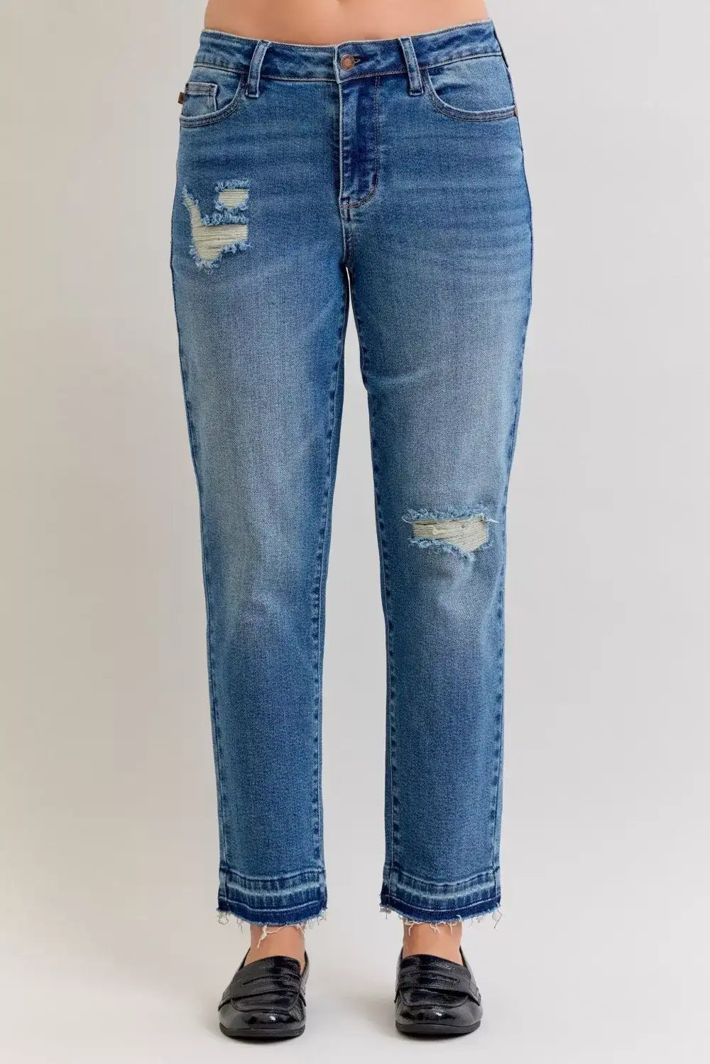 Judy Blue Full Size Mid Rise Bf Patch & Repair Destroy Release Hem Jeans Plus Size - Jeans Junction Online