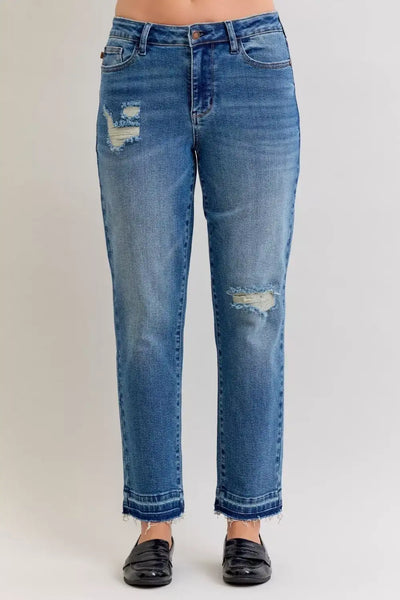 Judy Blue Full Size Mid Rise Bf Patch & Repair Destroy Release Hem Jeans Plus Size - Jeans Junction Online