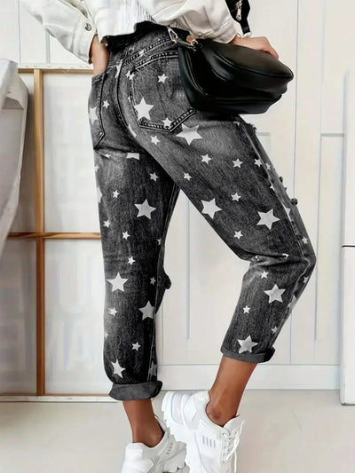 Star Print Distressed High Waist Boyfriend Jeans - Jeans Junction Online