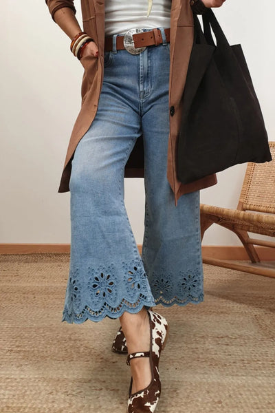 Lace Detail Cropped Wide Leg Jeans - Jeans Junction Online