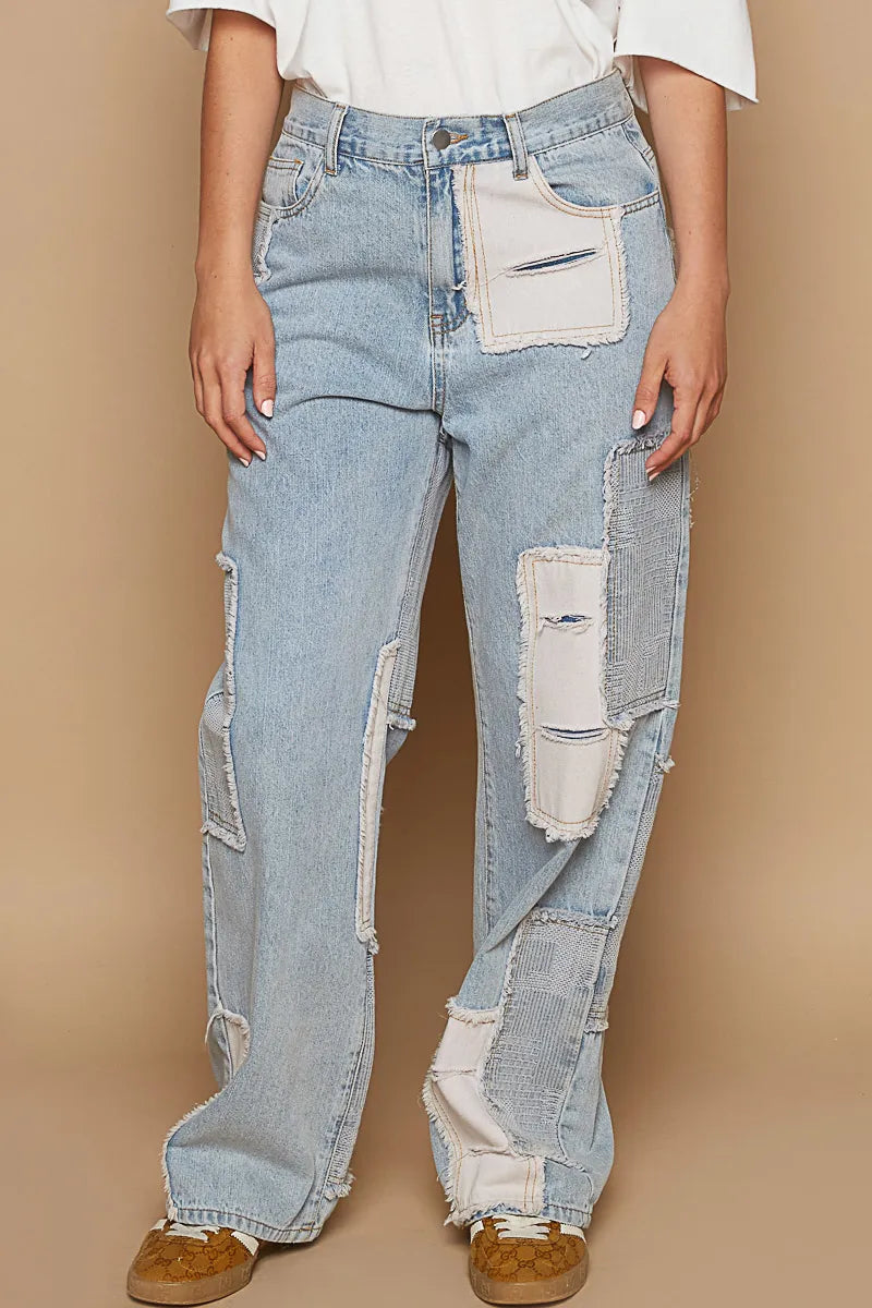 POL Contrast Patched Raw Hem Straight Jeans - Jeans Junction Online 