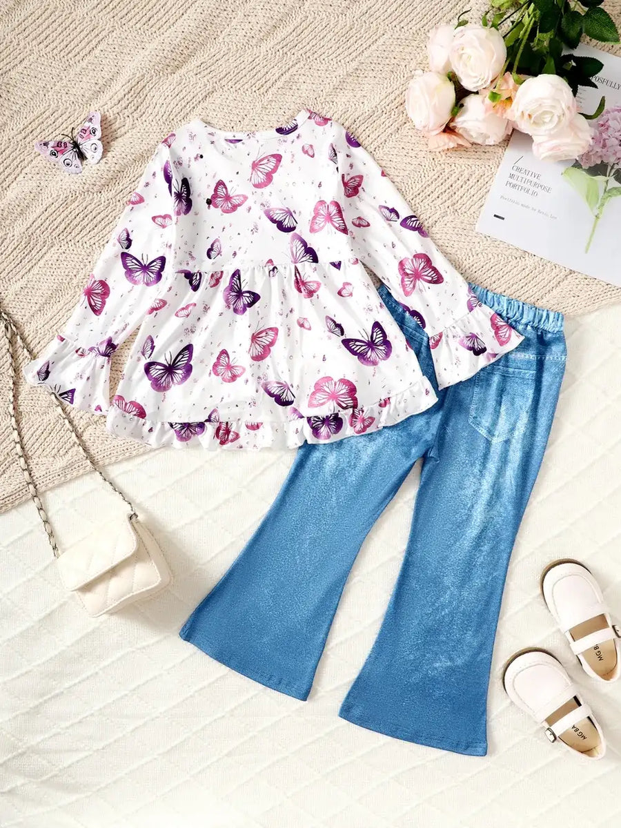 Children's Butterfly Print Top and Flare Pants Set - Jeans Junction Online 