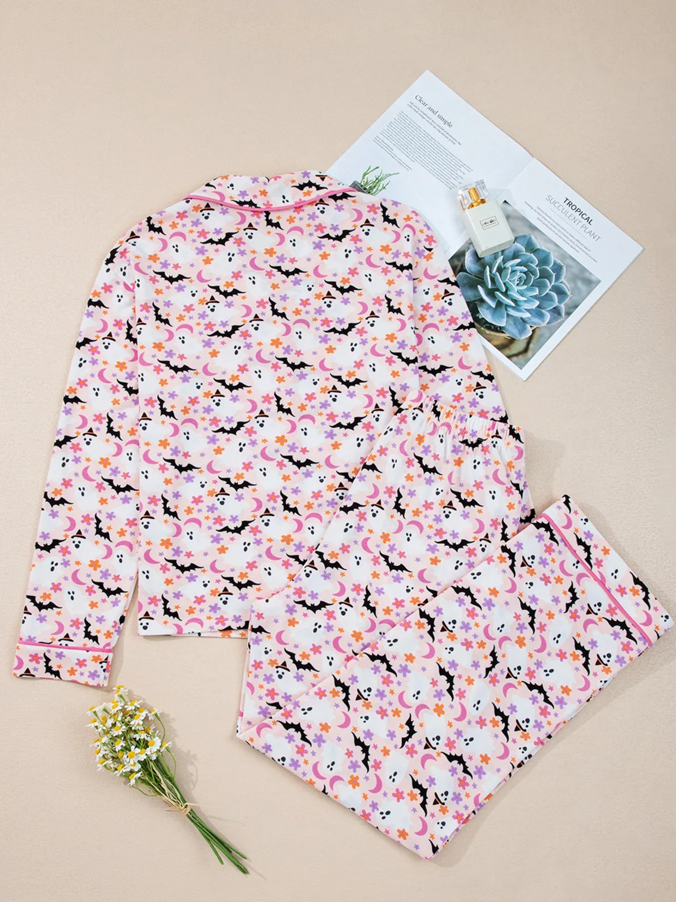 Halloween Ghost Print Button Up Top and Pants Lounge Set - Jeans Junction Online