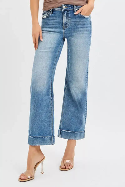 RISEN Full Size Mid Rise Crop Straight Jeans with Taylor Cuffed Plus Size - Jeans Junction Online