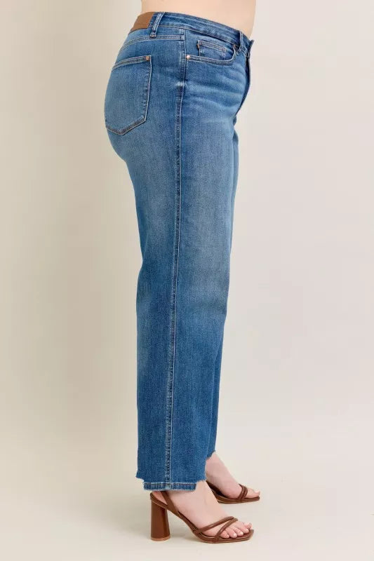 Judy Blue Full Size High Waist Tummy Control Chew Hem Destroy Wide Jeans Plus Size - Jeans Junction Online
