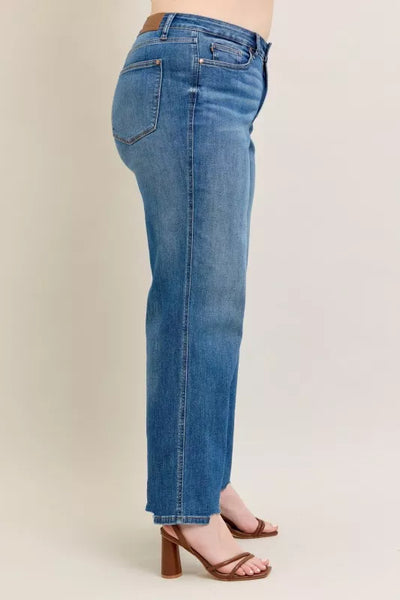 Judy Blue Full Size High Waist Tummy Control Chew Hem Destroy Wide Jeans Plus Size - Jeans Junction Online
