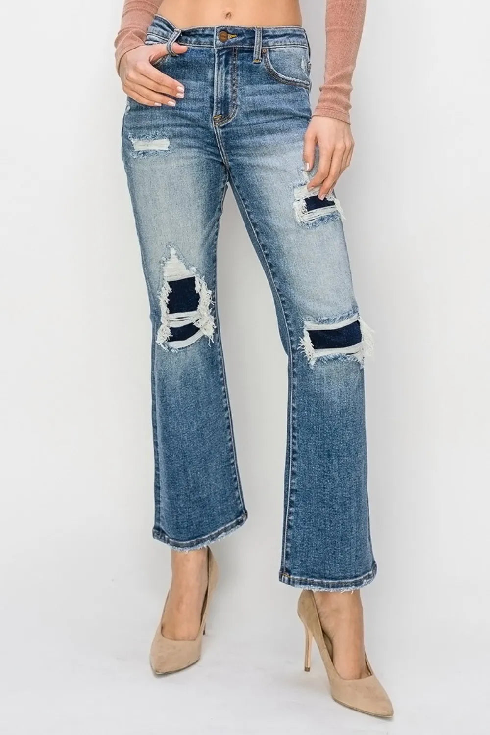Risen Full Size High Rise Distressed Ankle Flare Jeans - Jeans Junction Online