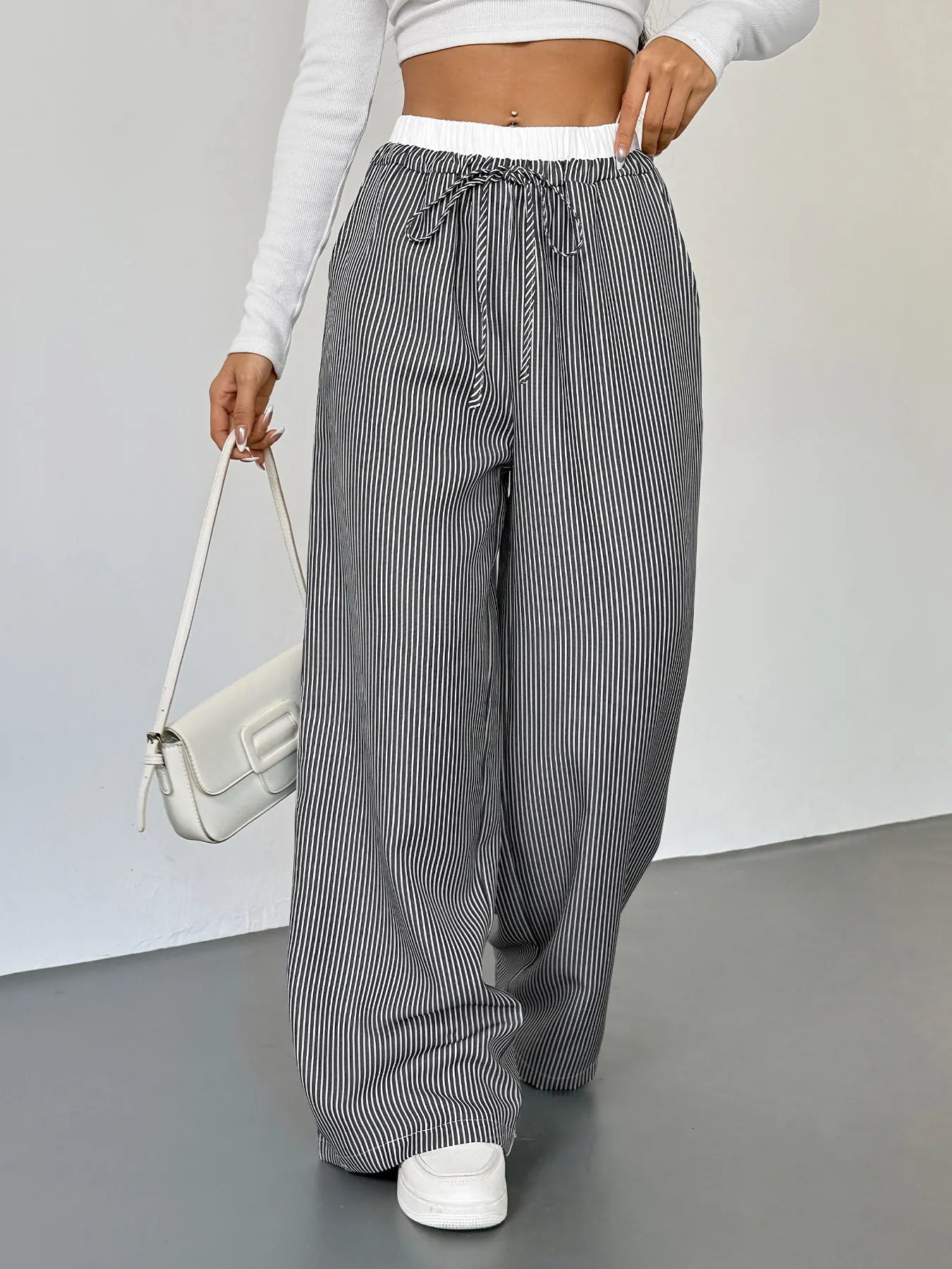Striped Wide Leg Drawstring Pants - Jeans Junction Online