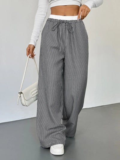 Striped Wide Leg Drawstring Pants - Jeans Junction Online