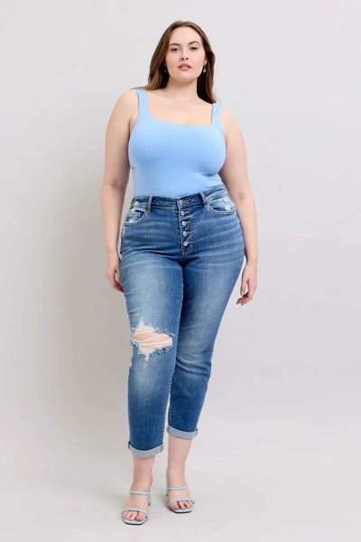 Judy Blue Full Size Button Fly Distressed Jeans with Pockets Plus Size - Jeans Junction Online
