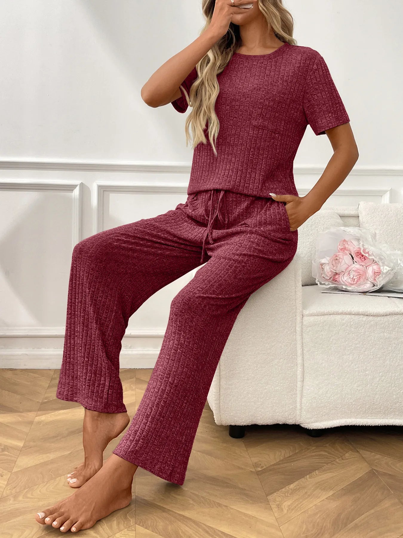 Ribbed Knit Short Sleeve Top and Pants Lounge Set - Jeans Junction Online