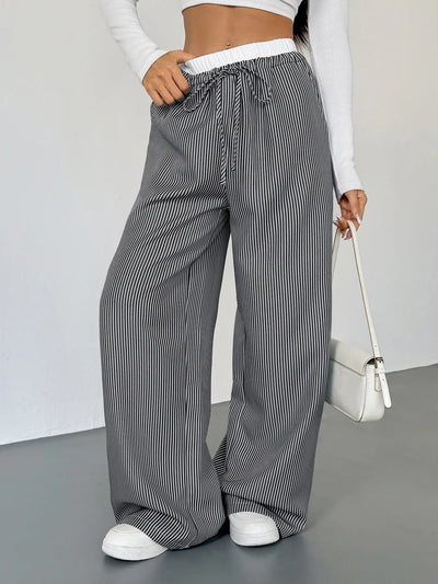Striped Wide Leg Drawstring Pants - Jeans Junction Online