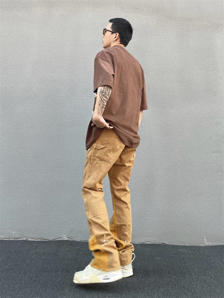 Khaki Men's Vibe Style Splattered Ink Graffiti Micro Flared Pants - Jeans Junction Online
