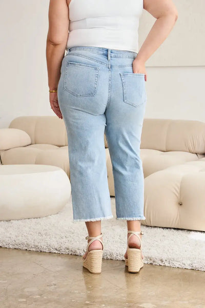 RFM Full Size Tummy Control High Waist Raw Hem Distressed Jeans - Jeans Junction Online