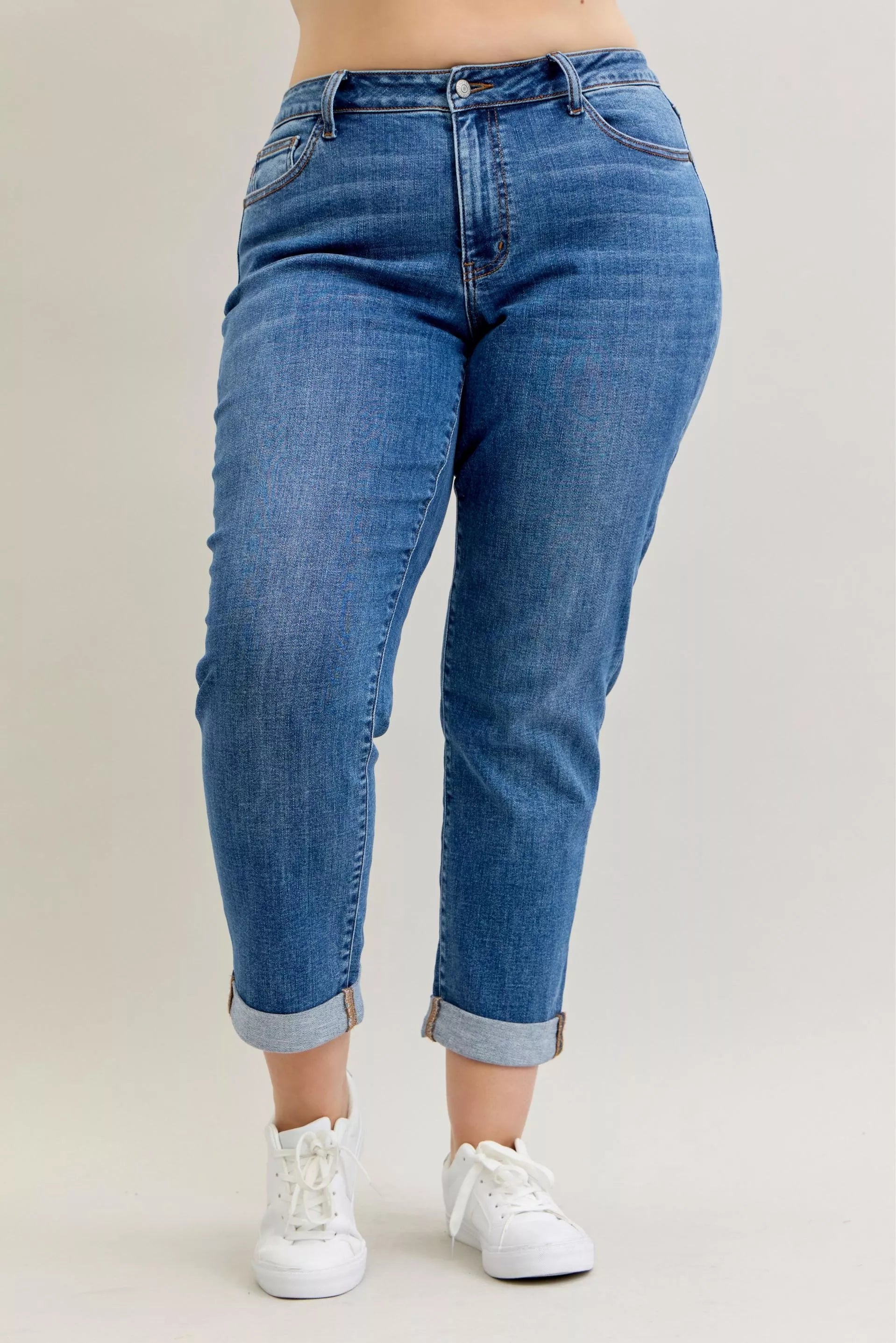 Judy Blue Full Size Mid Rise BF Classic Cuffed Jeans Plus Size - Jeans Junction Online