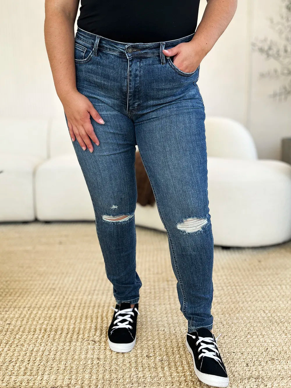 Judy Blue Full Size Mid Waist Distressed Slim Jeans - Jeans Junction Online