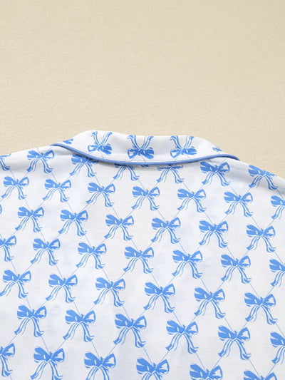 Bow Print Long Sleeve Shirt and Pants Pajama Set - Jeans Junction Online