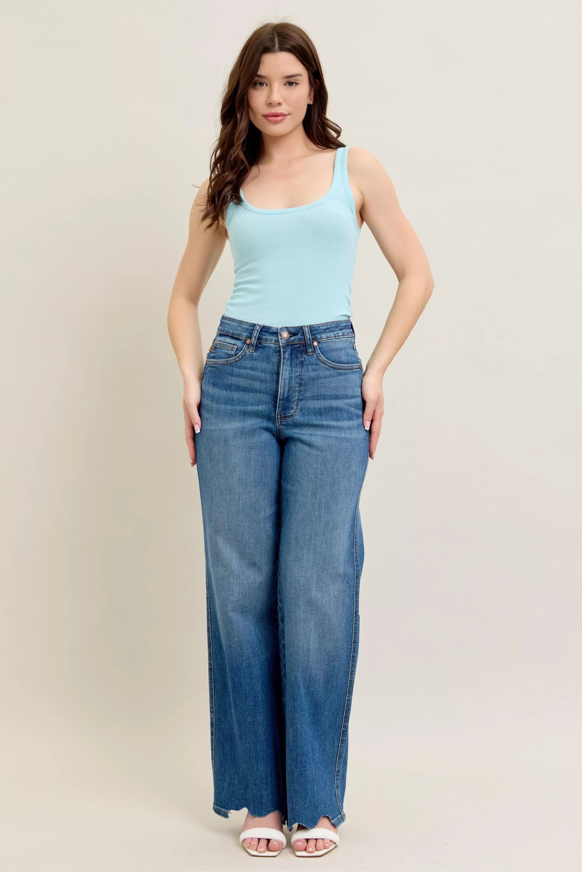 Judy Blue Full Size High Waist Tummy Control Chew Hem Destroy Wide Jeans Plus Size - Jeans Junction Online