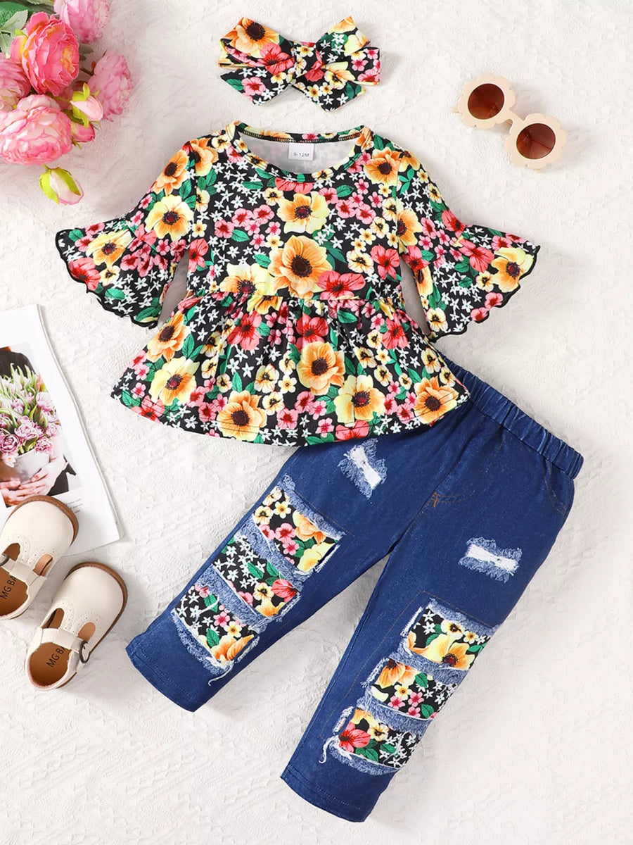 Children's Floral Bell Sleeve Top and Pants Set - Jeans Junction Online 