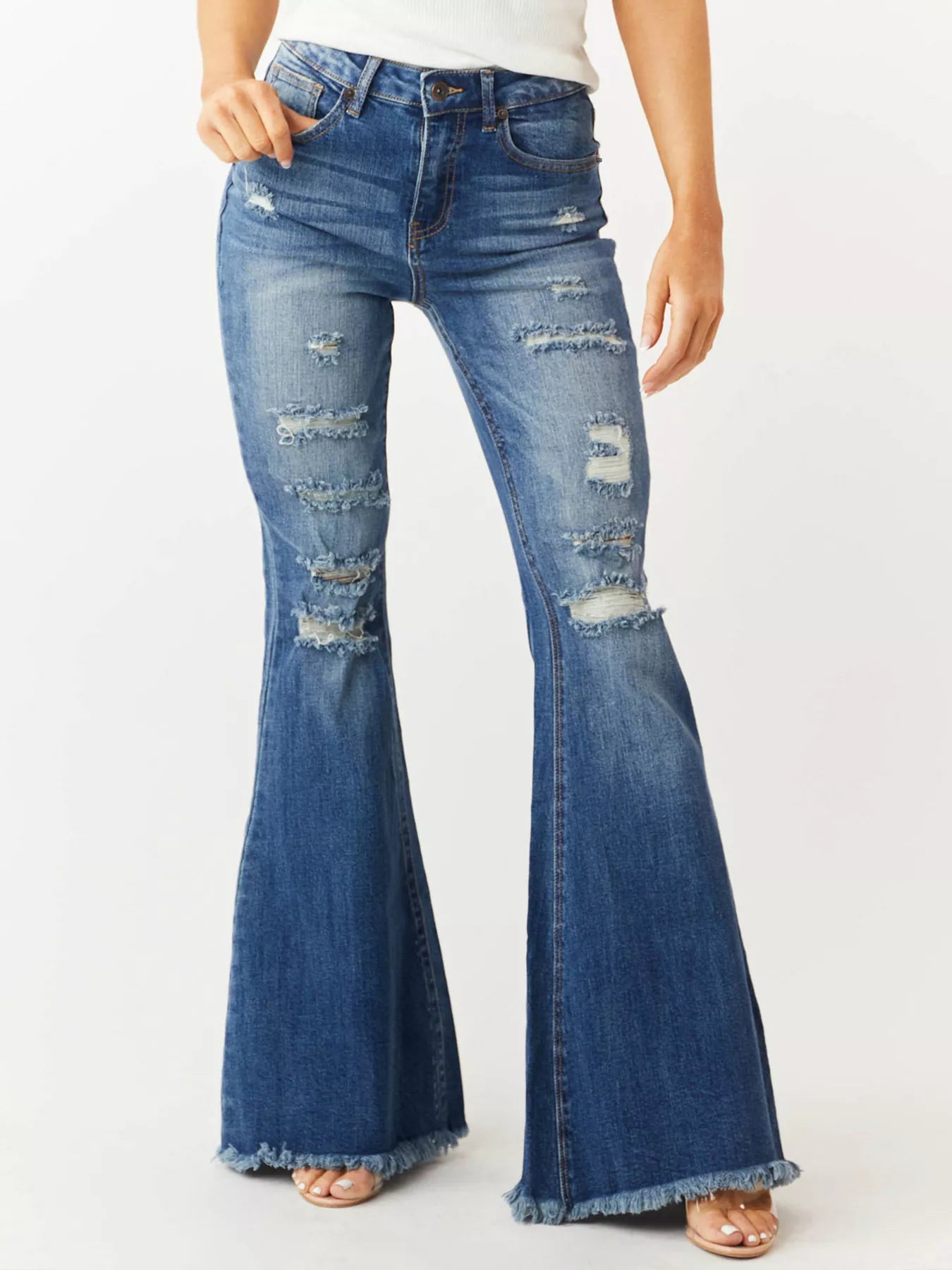 Distressed Raw Hem High-Waisted Flare Jeans - Jeans Junction Online