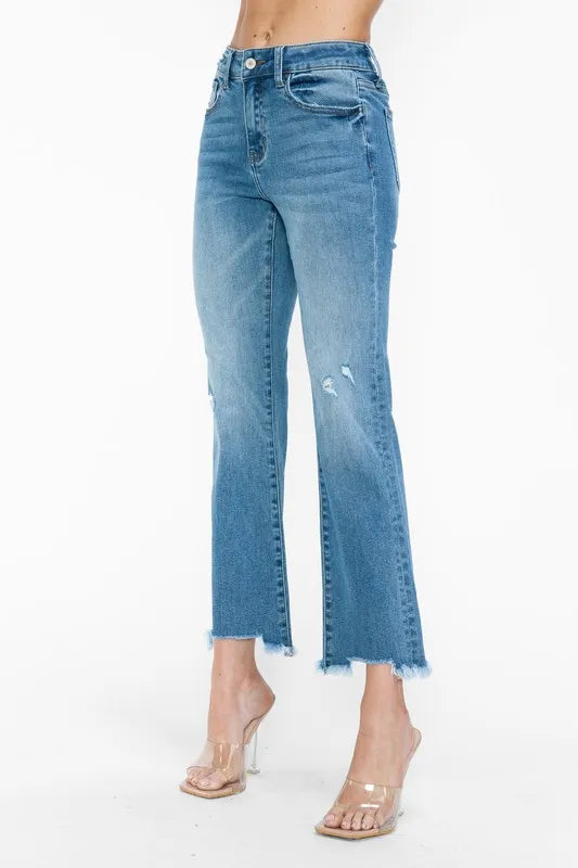 bytos Raw Hem Distressed Mid Rise Crop Jeans - Jeans Junction Online