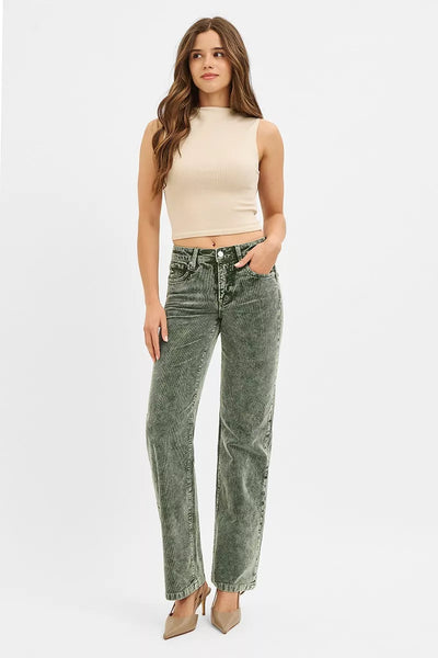 RISEN Tummy Control Mid Rise Straight Leg Corduroy Pants - Jeans Junction Online