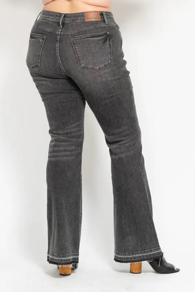 Judy Blue Full Size Mid Rise Tummy Control Washed Gray Release Hem Flare Jeans Plus Size - Jeans Junction Online