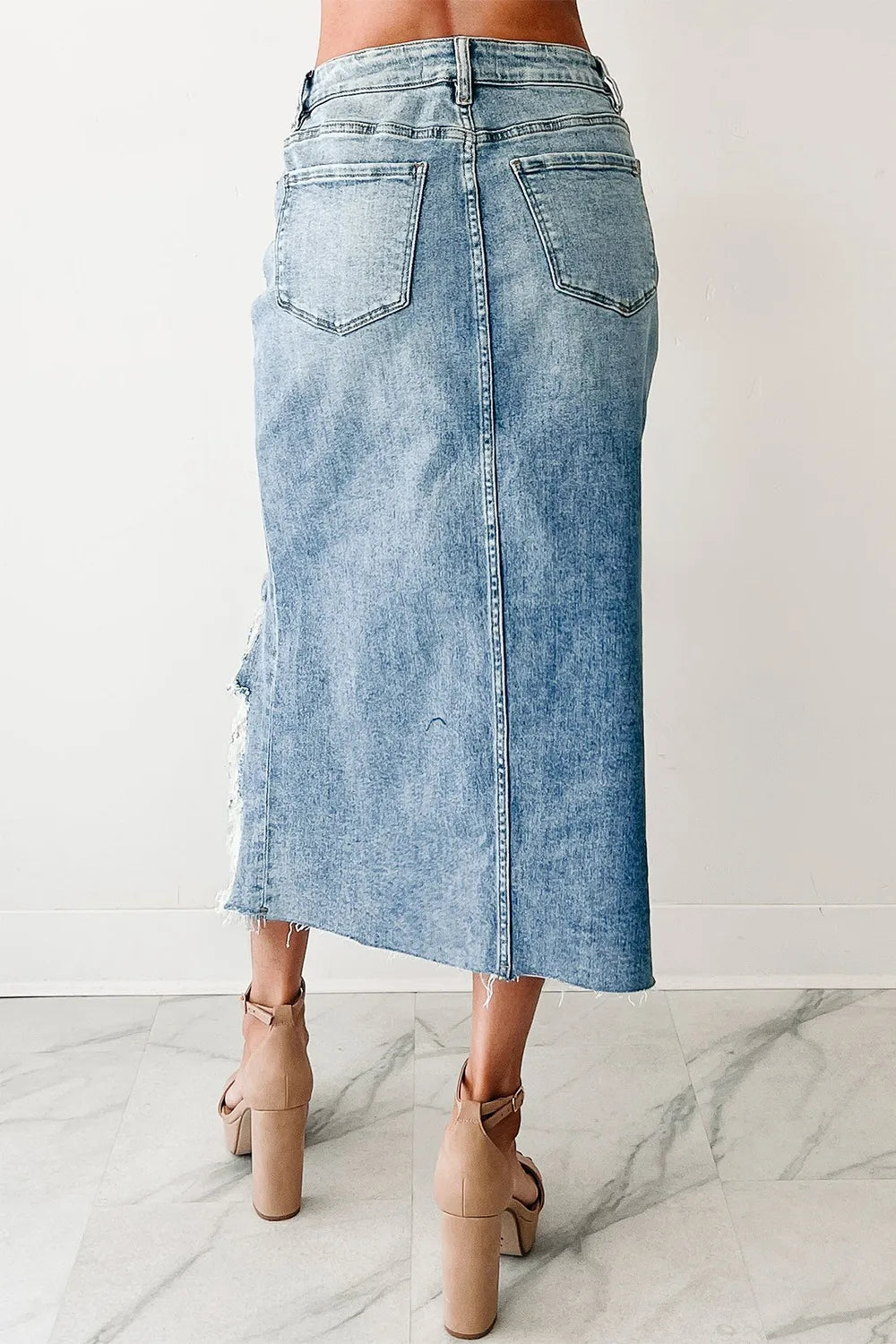 Distressed Asymmetrical Denim Skirt with Frayed Hem - Jeans Junction Online