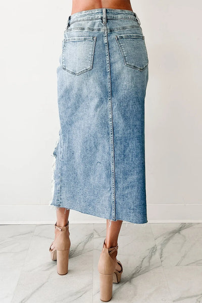 Distressed Asymmetrical Denim Skirt with Frayed Hem - Jeans Junction Online
