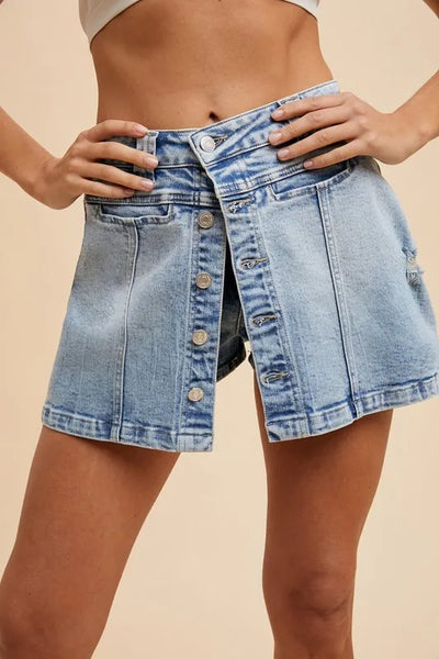 Annie Wear Button Detail Stretch Denim Wrap Mini Skort - Jeans Junction Online
