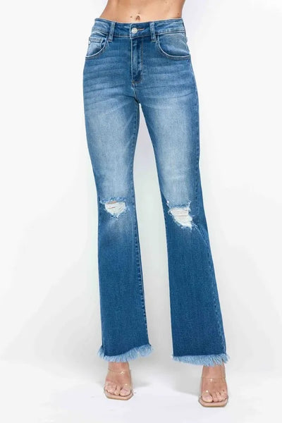 bytos Full Size Raw Hem Distressed High Rise Bootcut Jeans - Jeans Junction Online