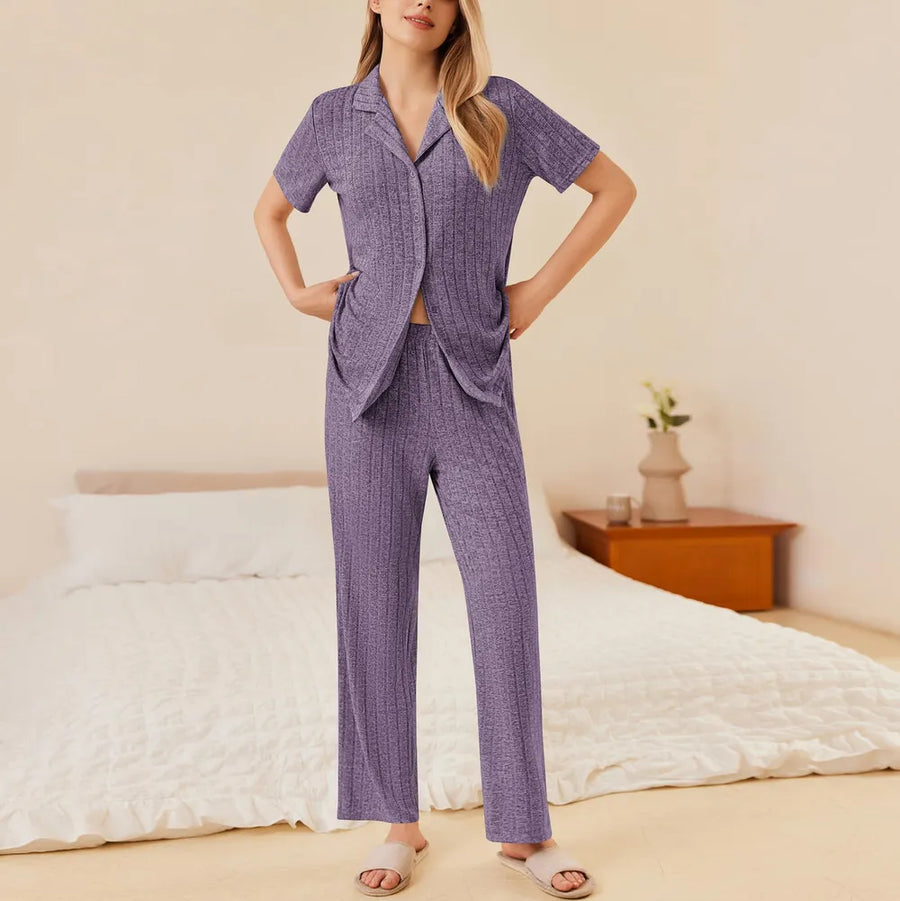 Button Down Long Sleeve Top and Pants Lounge Set - Jeans Junction Online 