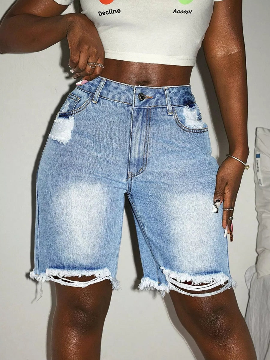 Distressed High Waist Frayed Hem Denim Shorts - Jeans Junction Online 