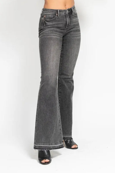 Judy Blue Full Size Mid Rise Tummy Control Washed Gray Release Hem Flare Jeans Plus Size - Jeans Junction Online