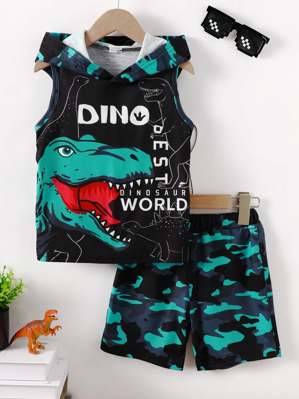 Children's Dinosaur Sleeveless Hooded Top and Pants Set - Jeans Junction Online