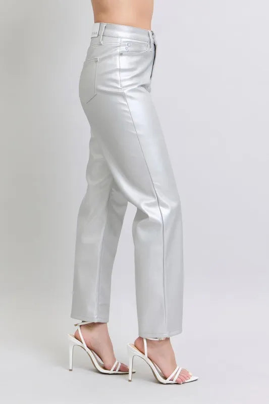 Judy Blue Full Size High Waist Silver Faux Leather Pants Plus Size - Jeans Junction Online