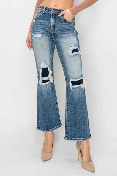Risen Full Size High Rise Distressed Ankle Flare Jeans - Jeans Junction Online