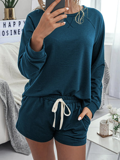 Round Neck Raglan Sleeve Top and Shorts Lounge Set - Jeans Junction Online