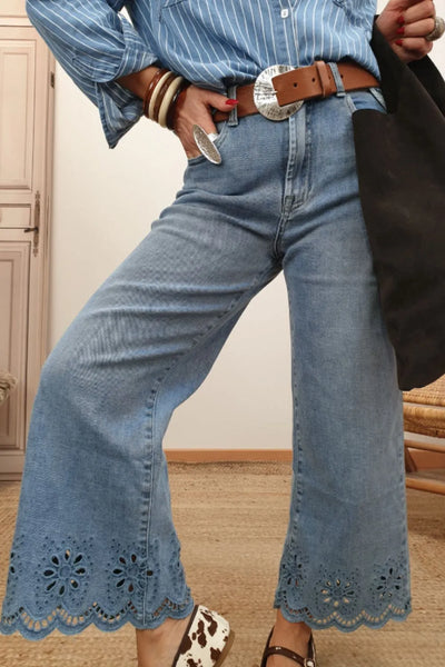 Lace Detail Cropped Wide Leg Jeans - Jeans Junction Online