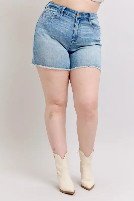Judy Blue Plus Size High Waist Western Embroidery Detail Cut Off Denim Shorts - Jeans Junction Online
